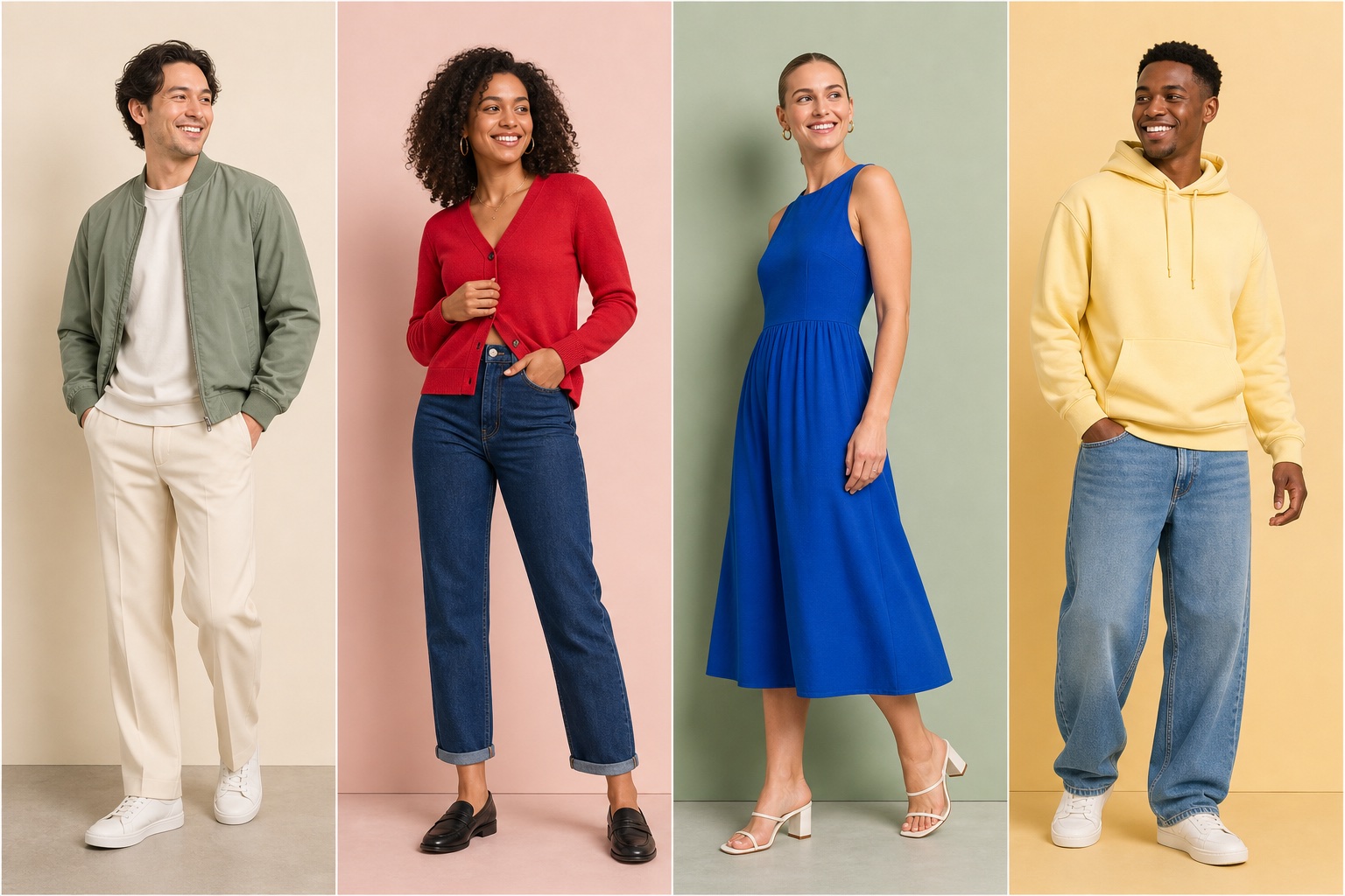 Four models wearing a coordinated clothing brand collection
