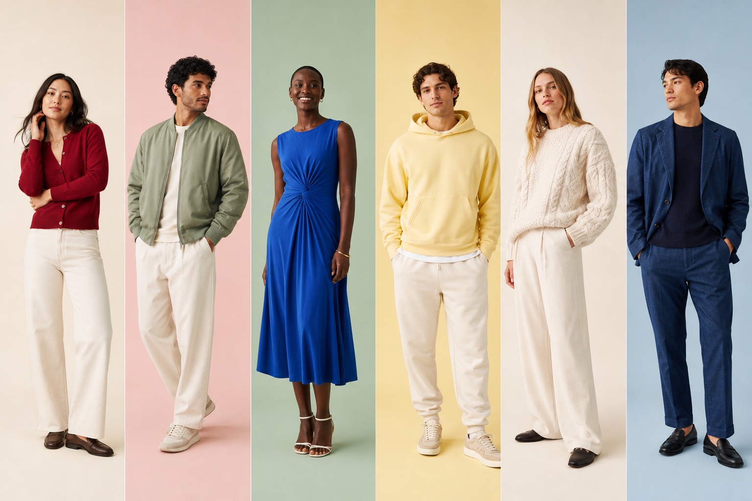 Six models wearing a coordinated contemporary clothing collection