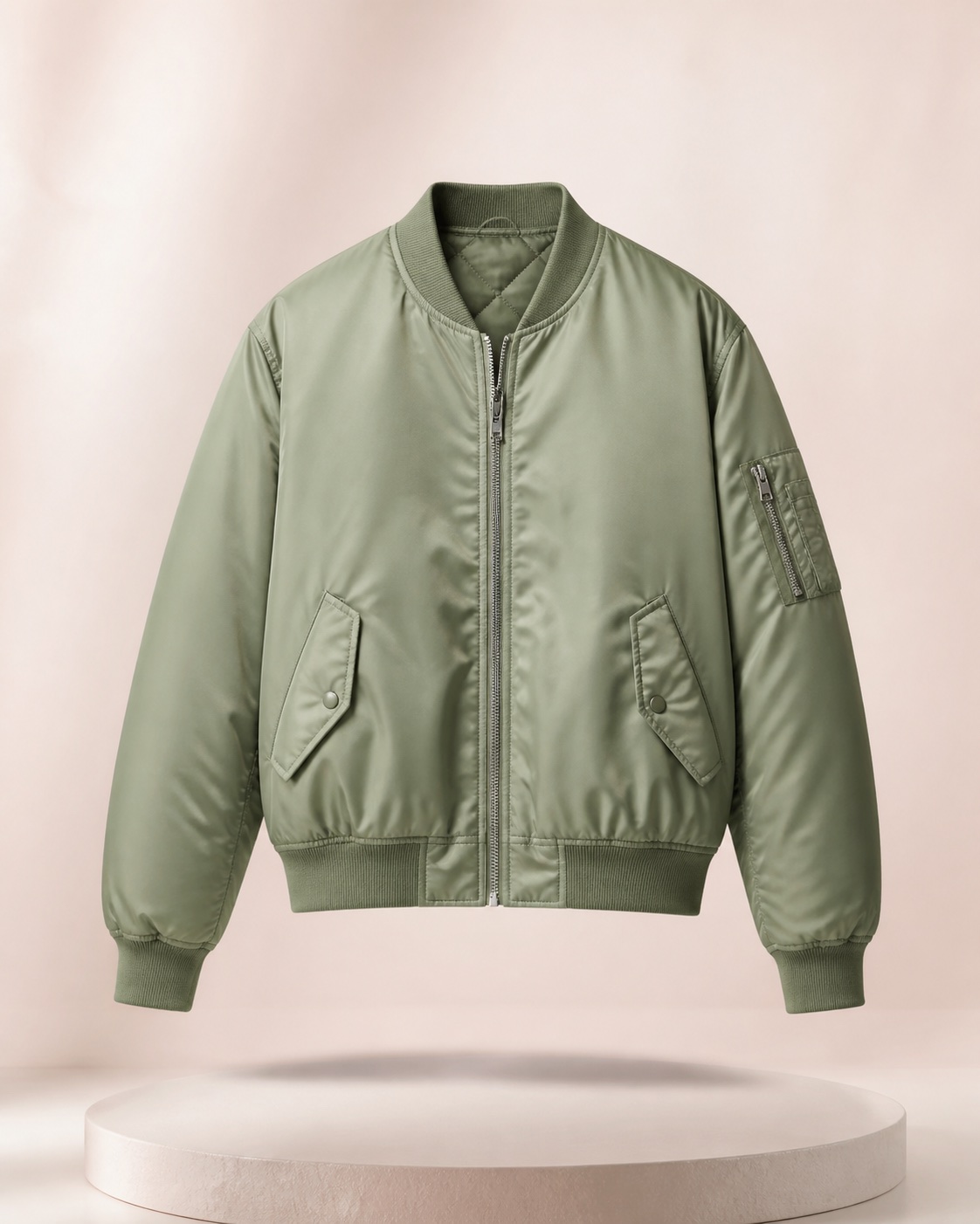 Sage green bomber jacket photographed as a premium product