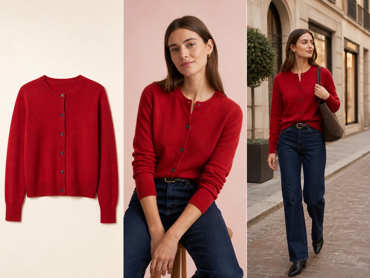 A red cardigan shown as a product, on a model, and worn while shopping