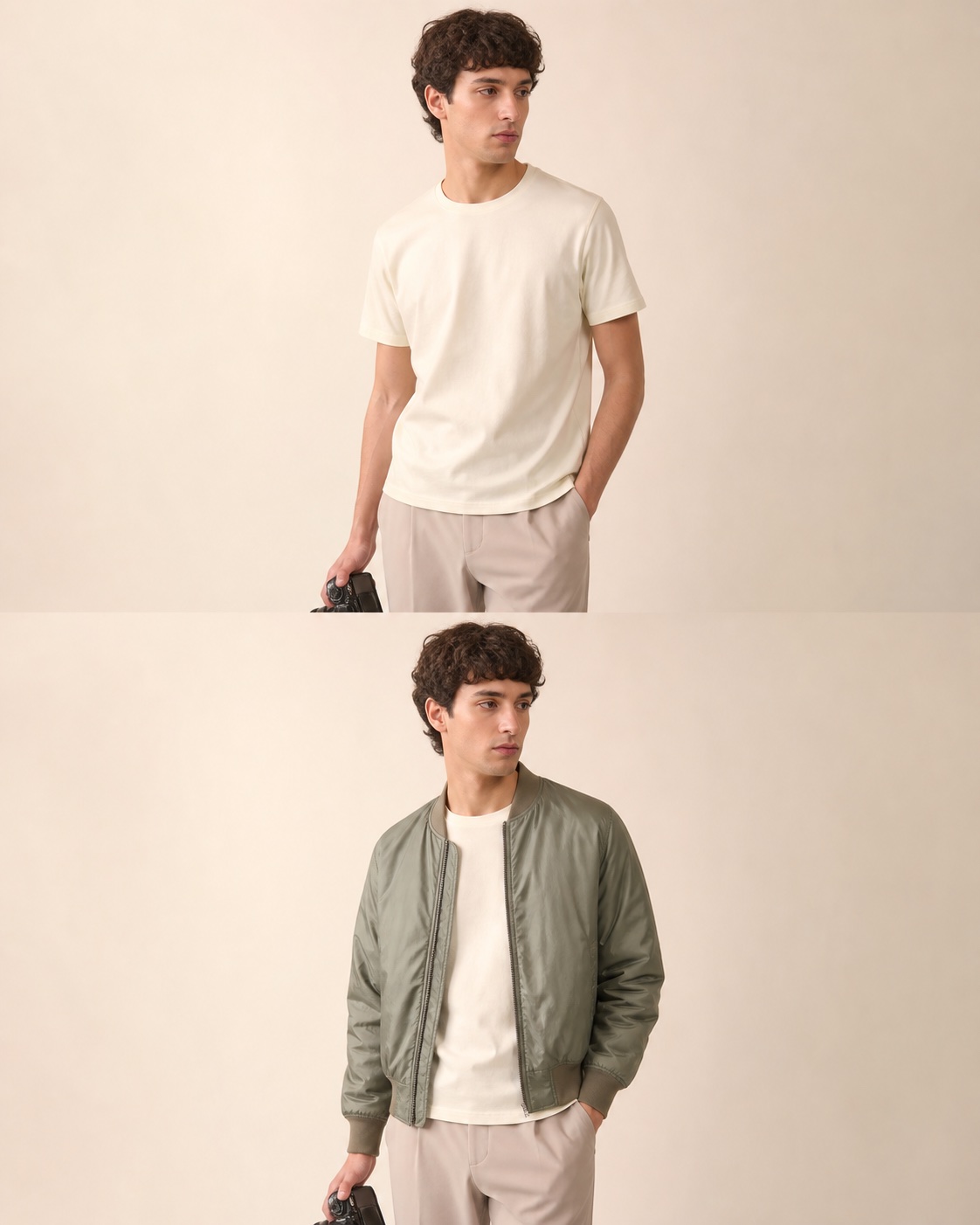 The same shopper before and after previewing a sage bomber jacket