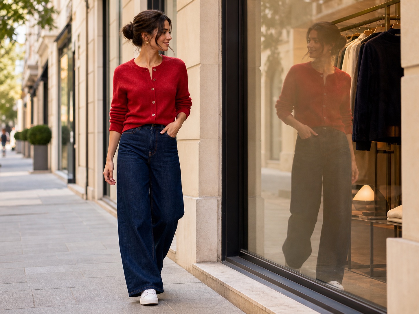 Woman confidently wearing a red cardigan while looking at her reflection
