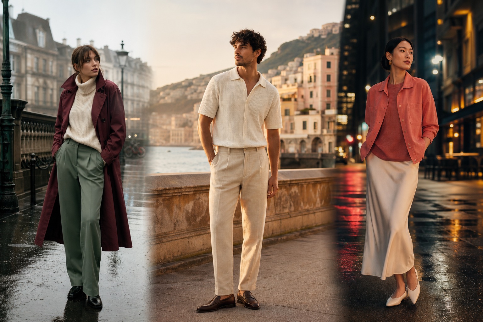 Three fashion looks styled for different countries and climates