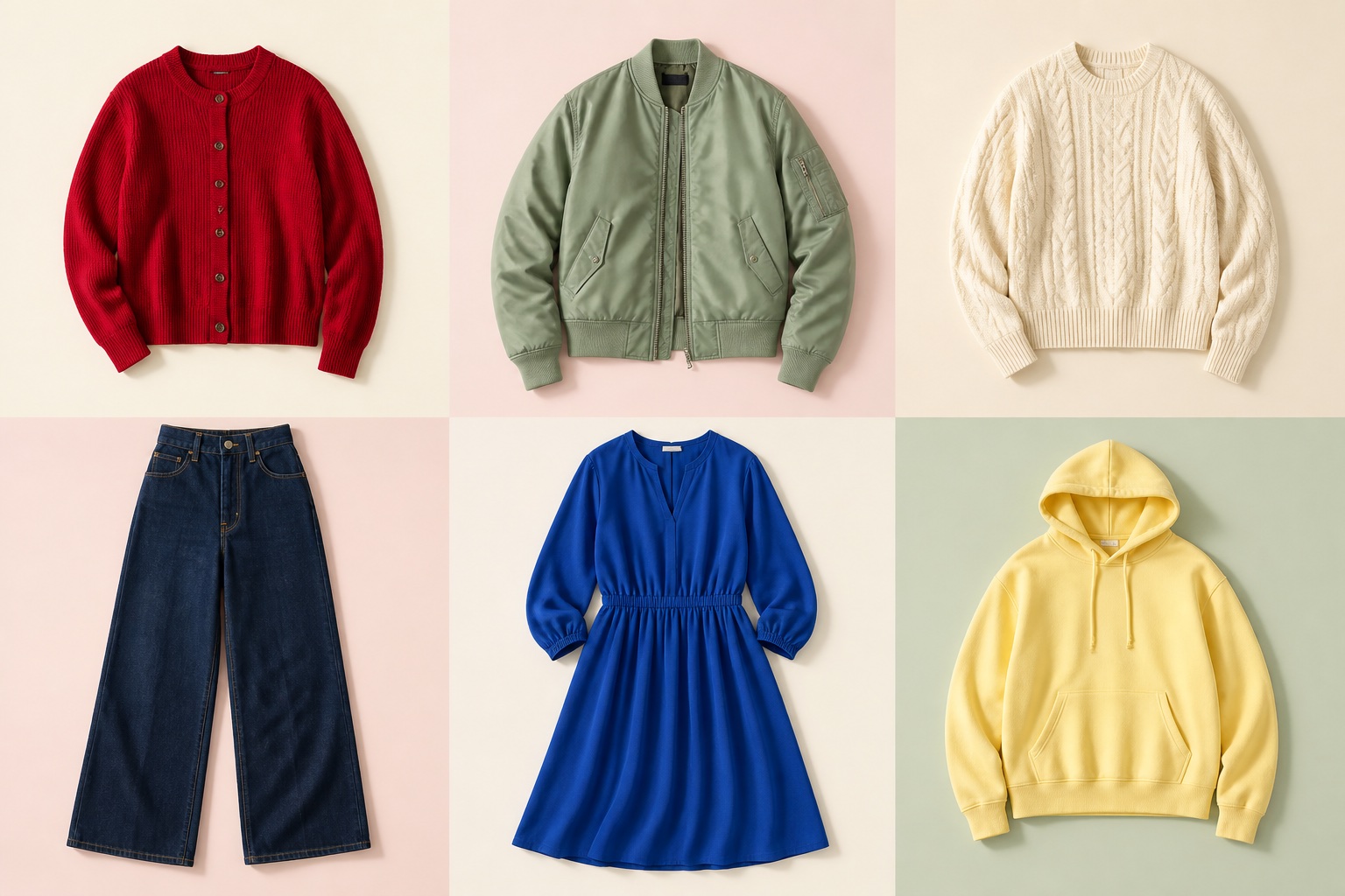 A curated edit of a red cardigan, sage bomber, cream sweater, indigo jeans, blue dress, and yellow hoodie