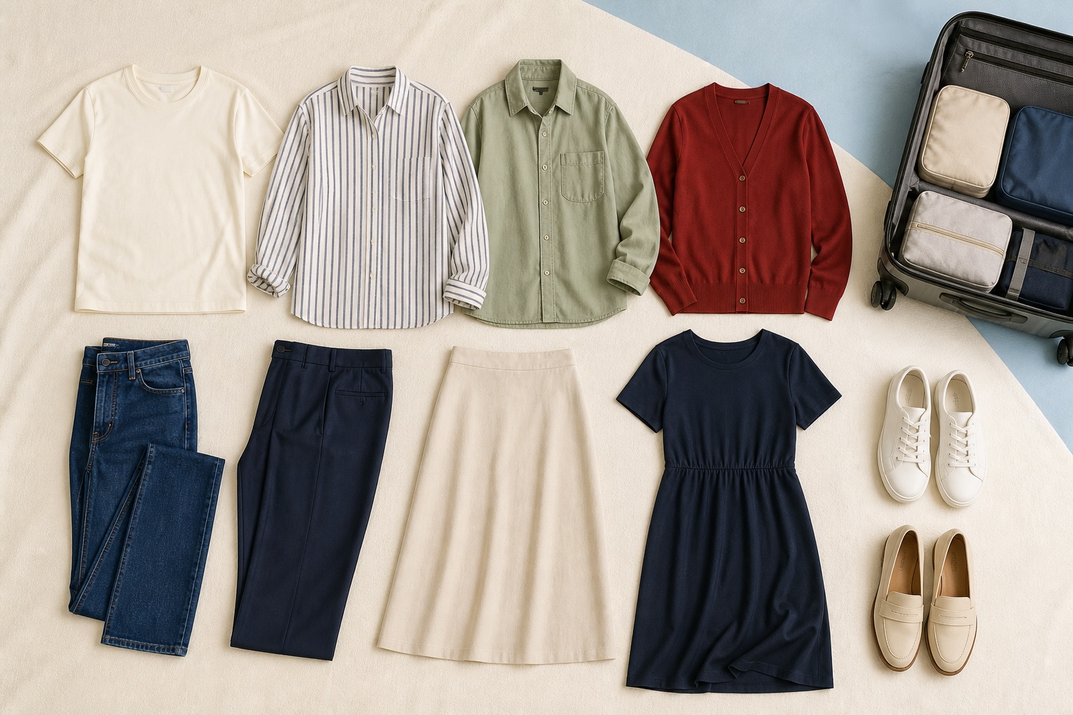 A coordinated travel capsule wardrobe arranged beside a carry-on