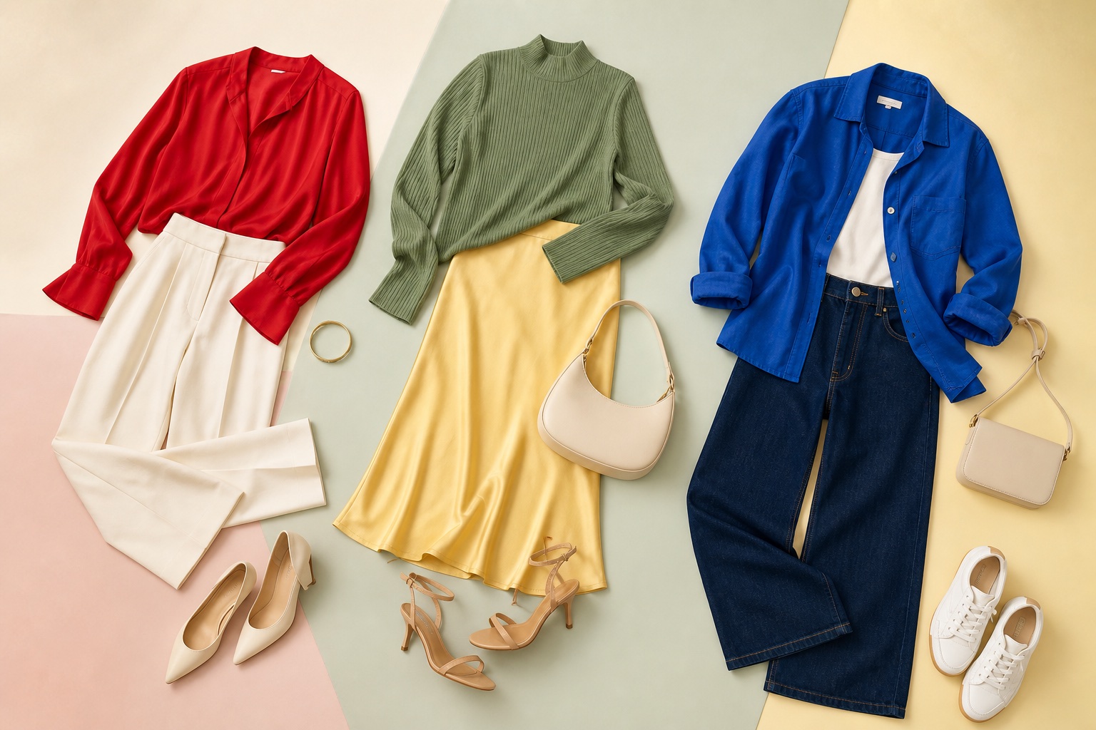 Three coordinated outfits arranged for work, an occasion, and weekend travel