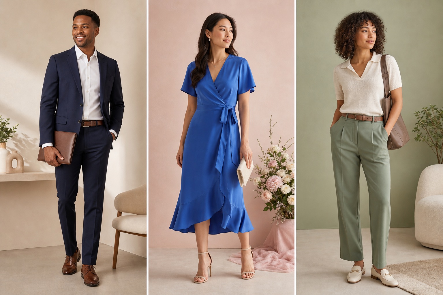 Outfits for a job interview, wedding guest, and business casual day