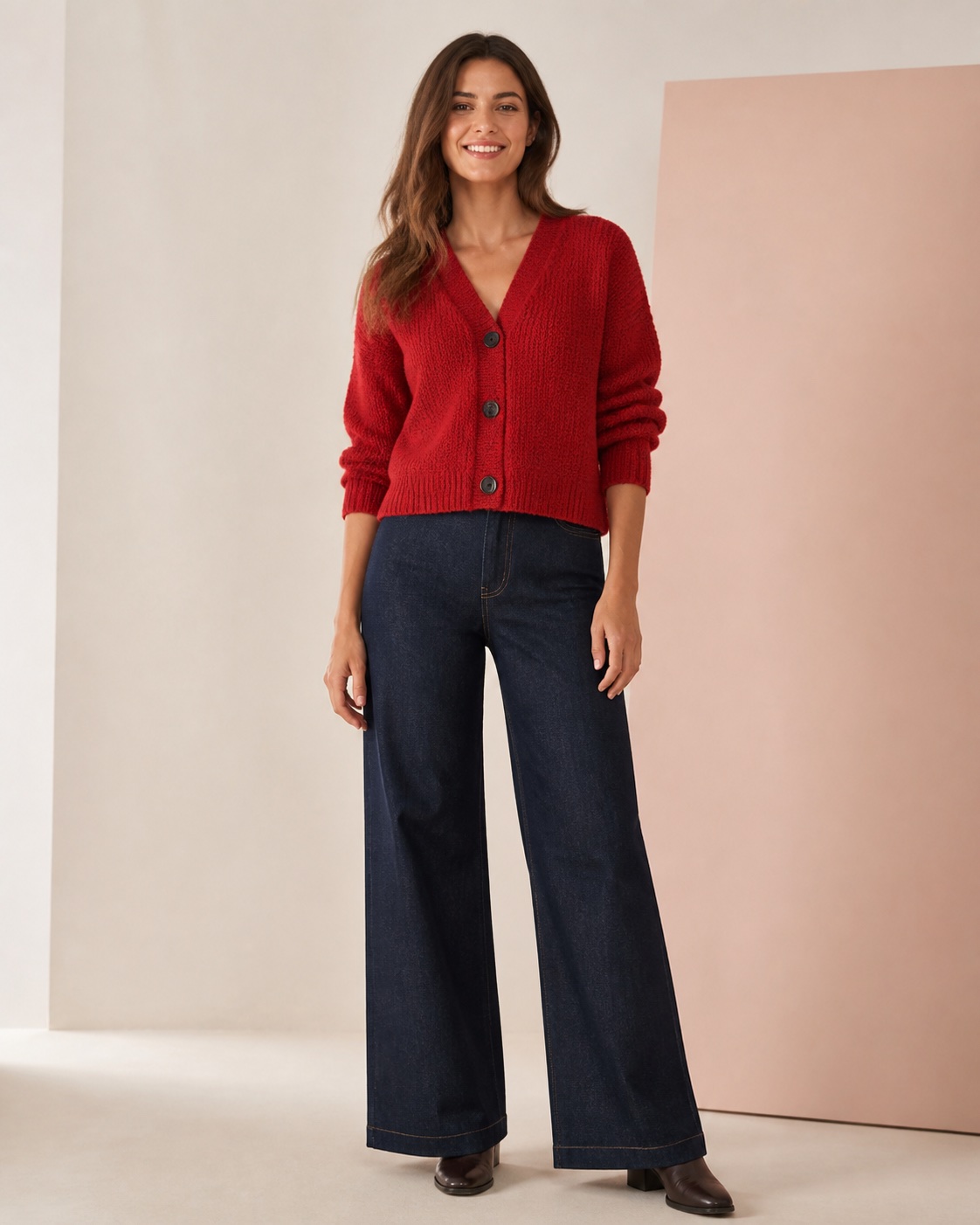 Woman wearing a red cardigan and dark wide-leg jeans