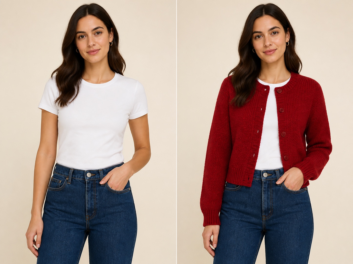 The same woman before and after previewing a red cardigan