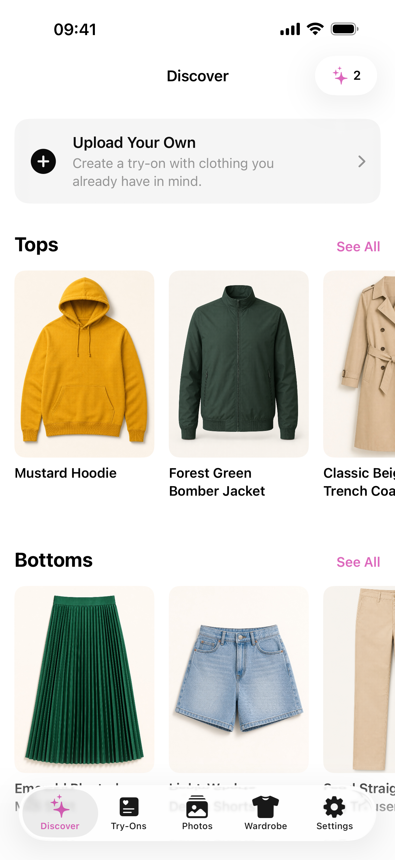 Aidrobe Discover screen with clothing collections selected for the user