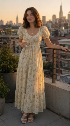 A woman wearing a yellow floral maxi dress on a New York rooftop at golden hour.