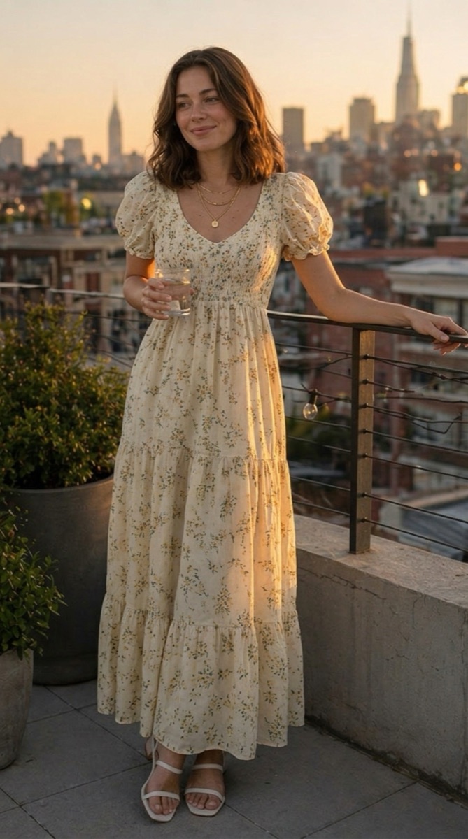 A woman wearing a yellow floral maxi dress on a New York rooftop at golden hour.