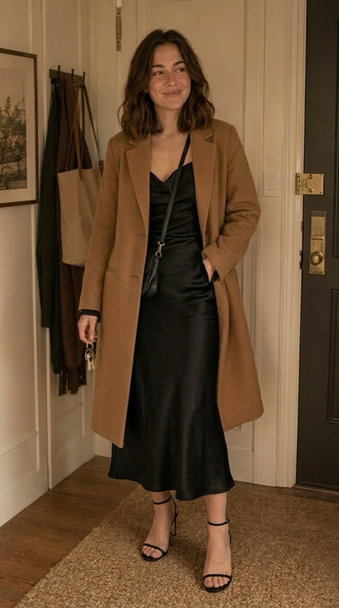 A woman in a camel coat over a black slip dress, in an apartment entryway.